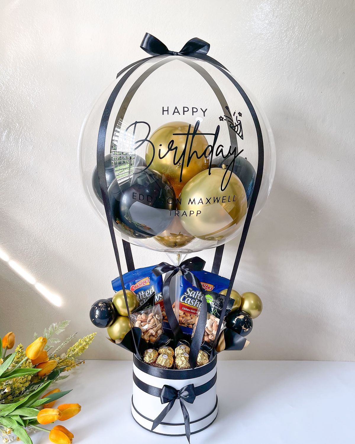 Birthday balloon gift box with snacks and chocolates for celebration in Melbourne